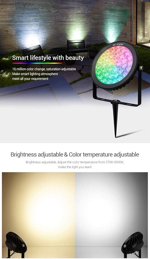 LGIDTECH FUTC03 RGB+CCT Outdoor 15W LED Landscape Garden Spotlight AC 100-240V,Color Changing,CCT Color Temperature Adjustable,Memory Function.No Plug