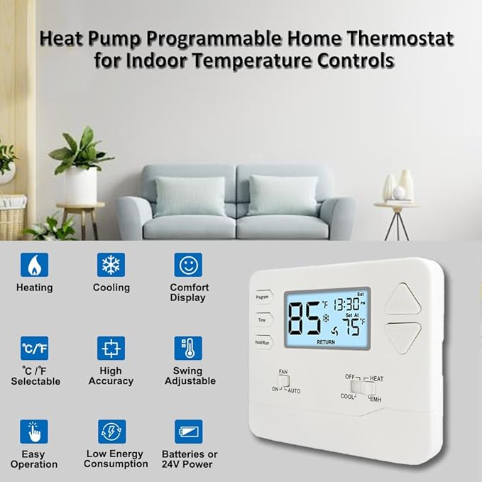 Thermostat for Heat Pump,Programmable Thermostat for Home,Single-Stage Systems,2 Heat/1 Cool Heat Pump Or 1 Heat/1 Cool,Easy DIY Install,White Backlight