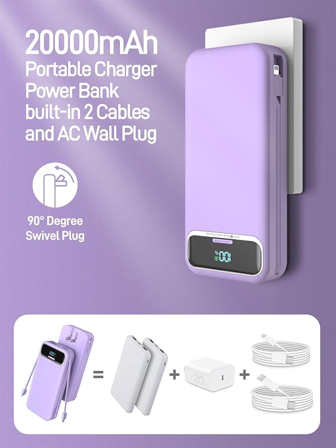 Portable Charger Power Bank with Built in Cables and AC Wall Plug,PD20W&SCP22.5W USB-C Super Fast Charging,20000mAh Travel Phone Charging,LED Display Battery Pack Compatible All iPhone Samsung etc