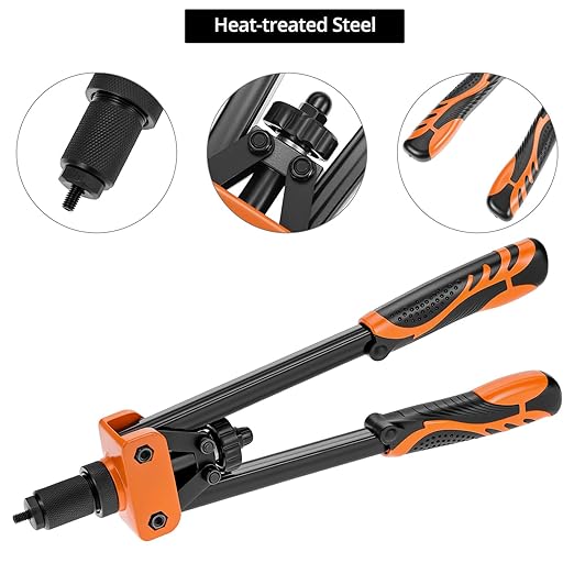 QWORK Rivet Nuts Tool Kit, 14" Hand Rivet Tool with 6 Interchangeable Mandrels and 90 Rivet Nuts, Heat-Treated Chrome Vanadium Alloy