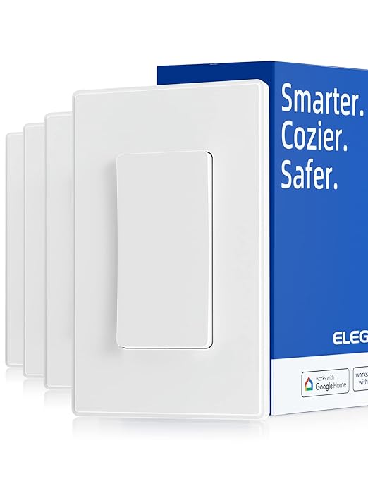 ELEGRP Smart Light Switch, 2.4GHz Wi-Fi Light Switch Compatible with Alexa & Google Assistant, Neutral Wire Required, APP Control and Timer Schedule, UL Certified, Single Pole/3 Way, White, 4 Pack