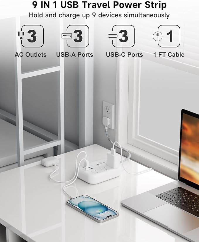 Short Extension Cord 1 Ft- 6 USB(3 USB C) Travel Power Strip with 24W USB Charging Station and 3 Outlets, 1Ft Small Flat Plug Extension Cord Surge Protector for Travel Home College Dorm 1625W