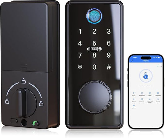 Fingerprint Keyless Entry Door Lock, Electronic Door Lock with Touchscreen, Auto Locking, One-Time Code, Keypad Deadbolt, One-Touch Locking, Easy Installation, BHMA - Black
