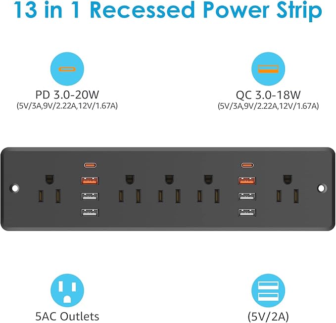 HHSOET 13 in 1 Recessed Power Strip Flat Plug, Fast Charging Furniture Outlet with USB, Conference Recessed Surge Protection Socket with 5 AC Plugs, 6 USB Ports 2 USB-C, 10ft Power Cord.(Black)