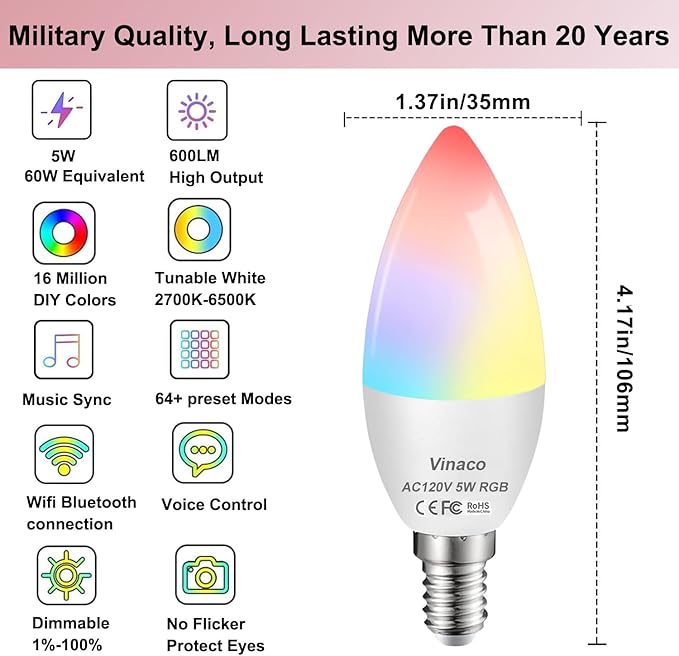 Vinaco E12 Smart LED Bulb 5W 600LM, 2 Pack E12 LED Light Bulbs Color Changing WiFi Bluetooth Work with Alexa & Google Assistant, Smart E 12 Candelabra Bulb 60 Watt E 12 Base, RGB Light Bulbs B11