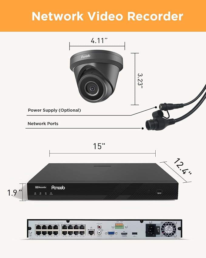 16 Channel Security Camera System, 12x 5MP Wired IP Dome Turret PoE Camera Outdoor, AI Human Detection, Built-in Mic, Remote Access, 4K 16 Channel NVR 4TB HDD for 24-7 Recording, PD93A31216-5M
