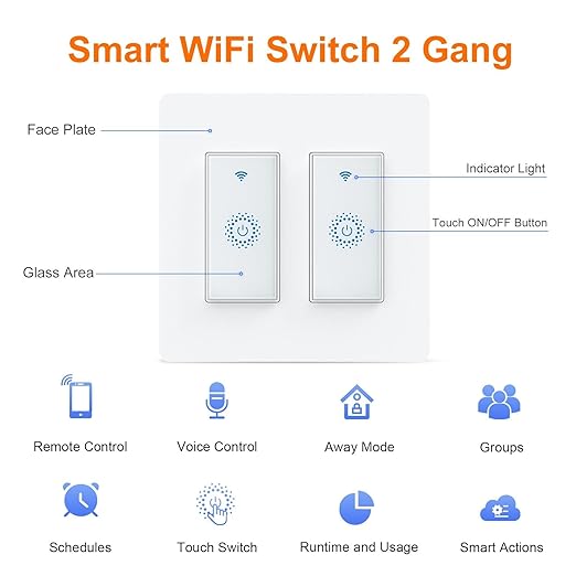 Milfra Smart Switch, Smart Light Touch Switch 2 Gang, Double Smart WiFi Light Switches, Smart Switch 2 Gang Compatible with Alexa and Google Home, Neutral Wire Needed, No hub Required (2Gang)