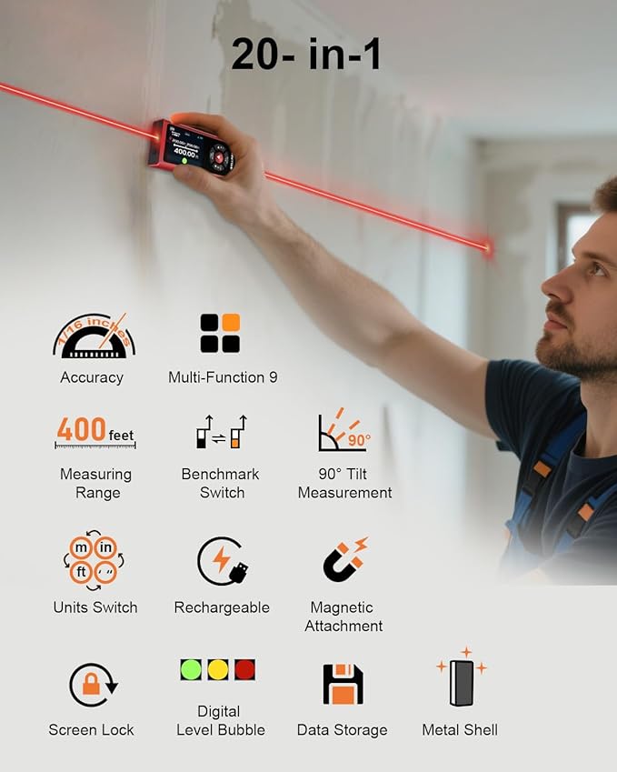 Dual Laser Measuring Tool Aluminum Shell Bi-Directional 400 Ft-in Magnetic Lazer Measurement Rechargeable Laser TapeMeasure Large LCD Digital Tape Measure with Electronic Level Bubble