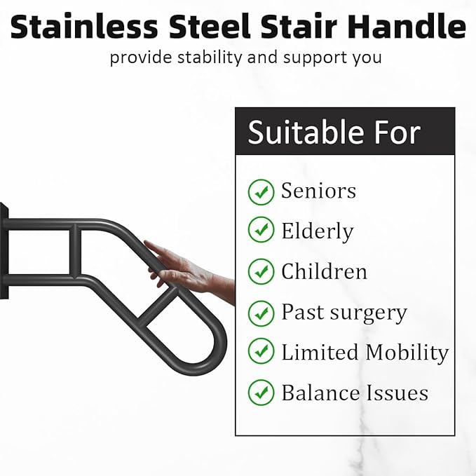 Wall Mount Hand Rails for Outdoor or Indoor Steps Stair Railing Metal Heavy Duty Non-Slip 1-3 Step Safe Bars U-Shape Safety Handle Powder Coated Grab Porch Courtyard Doorways Black 23in