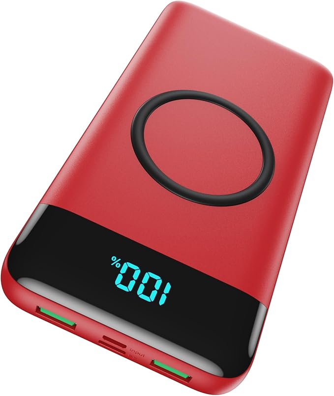 Wireless Portable Charger 30,800mAh 15W Wireless Charging 25W PD QC4.0 Fast Charging Smart LED Display USB-C Power Bank,4 Output& 2 Input External Battery Pack Compatible with iPhone,Samsung etc-Red