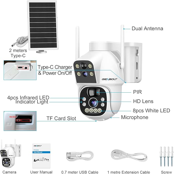 GENBOLT Solar WiFi Security Camera Outdoor Wireless, 8W 15600mAh Battery Powered Home Surveillance Cam CCTV with Dual View, Dual Lens Spotlight IP Cam with Color Night, PIR Detection