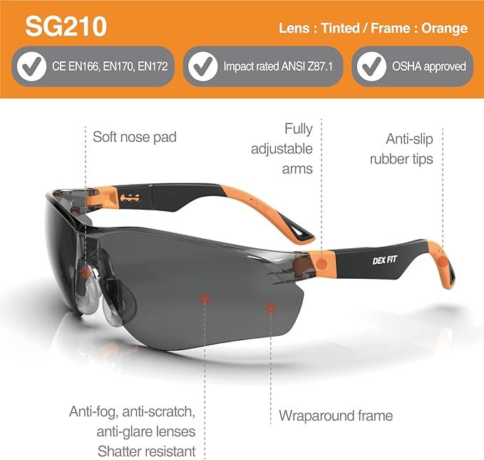 DEX FIT Safety Sunglasses SG210, Z87 Eye Protection, Anti-Fog & Scratch Resistant, Adjustable for Women and Men, UV Protection (Black & Orange Frame, Tinted Lens)