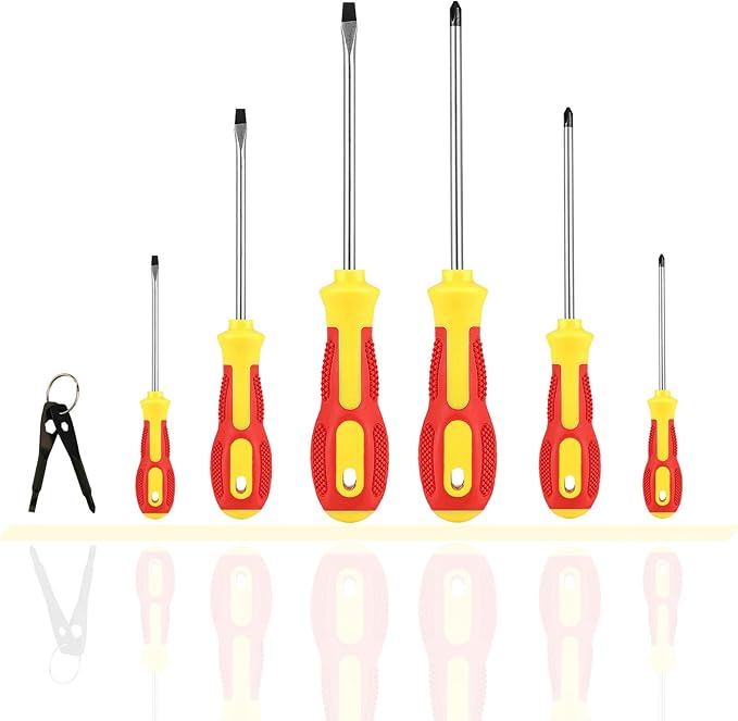 Magnetic Screwdriver Sets 6 PCS,Screwdriver Set with Bag,Flat Head Phillips Screwdriver, Non-Slip Cushion Grip for Repair Home Improvement,Red & Yellow