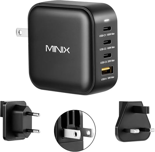 MINIX NEO P3 100W Turbo 4-Ports GaN Wall Charger, 3 x USB-C Port Fast Charging Adapter(Max 100W/20W), 1 USB-A (Max 18W). Compatible with MacBook Pro Air, iPad Pro, iPhone 14,Galaxy S9 and More.