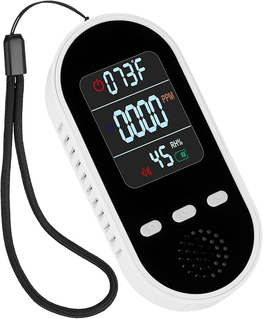 Portable Carbon Monoxide Detector Mini air Quality Monitor with Lanyard Alarm, CO Gas/Humidity Sensor/Indoor/Outdoor Thermometer, Battery Powered LED Screen