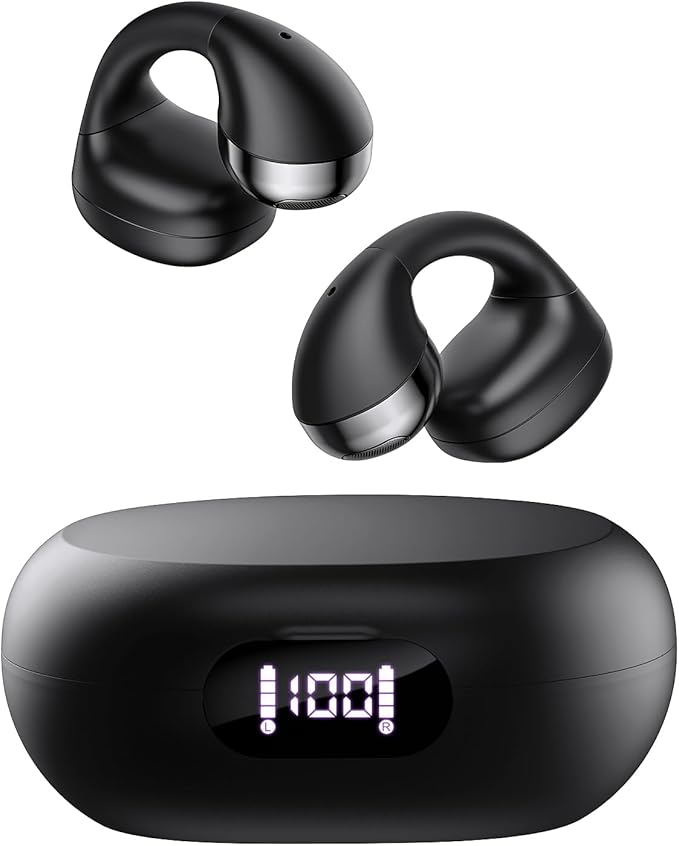 CXK Open Ear Headphones, Bluetooth 5.4 Bluetooth Earbuds Flexible Ear Clip Design Bone Conduction Headphones with LED Digital Display 30H Playtime Lightweight Comfort Clip on Earbuds for Workout