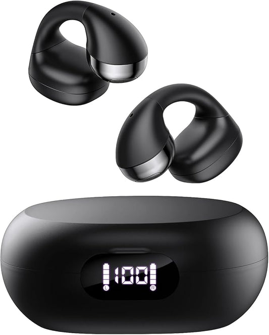 CXK Open Ear Headphones, Bluetooth 5.4 Bluetooth Earbuds Flexible Ear Clip Design Bone Conduction Headphones with LED Digital Display 30H Playtime Lightweight Comfort Clip on Earbuds for Workout