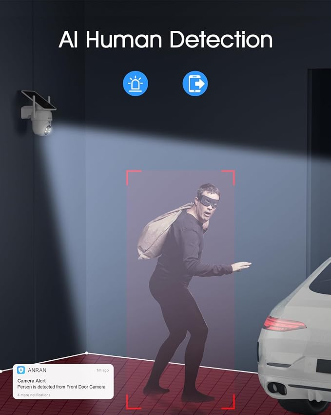 ANRAN Solar Security Cameras Wireless Outdoor,2K Cameras for Home Security with Fixed Solar Panel, 360° PTZ for Home Surveillance,2.4G WiFi, PIR Human Detection, 3MP Color Night Vision, 2 Pack