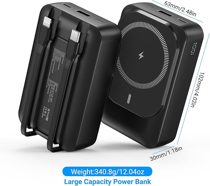 Magnetic Wireless Power Bank 26800mAh, PD 22.5W Type-C Fast Charging Portable Charger 5 Outputs, Battery Pack for Magsafe Built in Cables with Stand LED Display for iPhone 16/15/14/13/12 Series-Black
