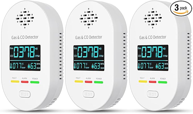 3-Pack Carbon Monoxide Detectors | Plug-in CO and Natural Gas Detector, 4-in-1 Gas & CO Detection with Temperature and Humidity Display for Home & Travel Safety