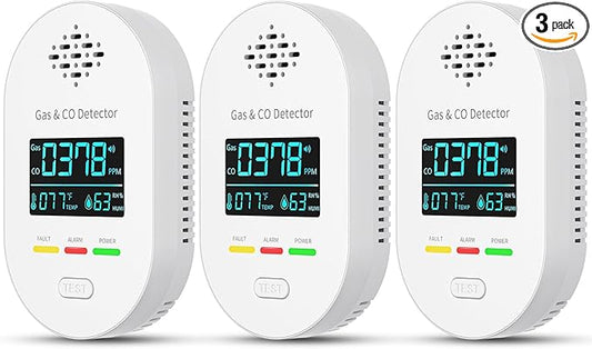 3-Pack Carbon Monoxide Detectors | Plug-in CO and Natural Gas Detector, 4-in-1 Gas & CO Detection with Temperature and Humidity Display for Home & Travel Safety
