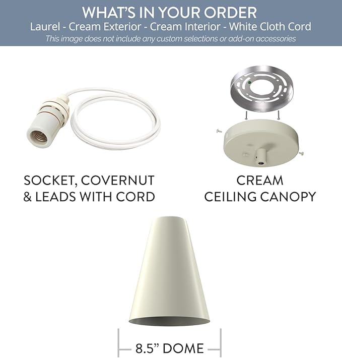 Steel Lighting Co. Laurel Pendant Light | Ceiling Mounted | 8.5 inch Cone Shade | Modern Contemporary Farmhouse Style Made in America | White Cloth Cord | Cream Exterior/Cream Interior