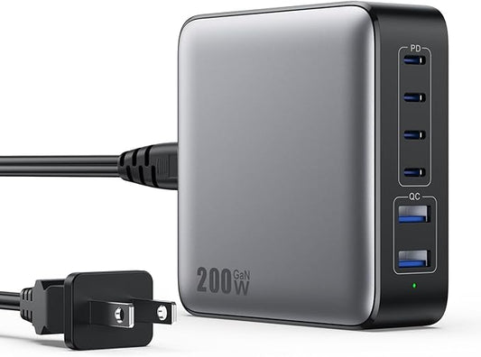 USB C Charger Block 200W[2025 Upgraded] GaN III 6 Port Fast Charging Station Hub,PD 65W USB C Laptop Charger Compatible with MacBook Pro/Air,iPad,iPhone 16/15,Galaxy S23/S24 Steam Deck Dell XPS etc