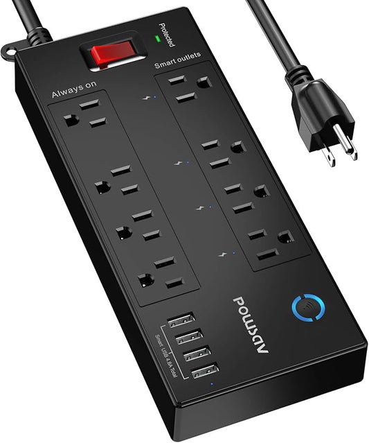 6 Ft WiFi Surge Protector - 8 Outlet Extension Cord with 4 Smart & 4 Always On Outlets, 4 USB Ports, Alexa & Google Home Compatible, Black