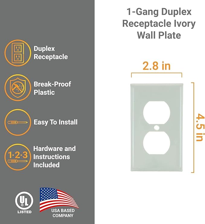 Diodesy- 1-Gang Duplex Receptacle Outlet Wall Plate Unbreakable Plastic Faceplate Cover Standard Size 4.5"H x 2.8"W with 1 Matching Metal Screw Ivory Smooth Finish UL Listed Pack of 12