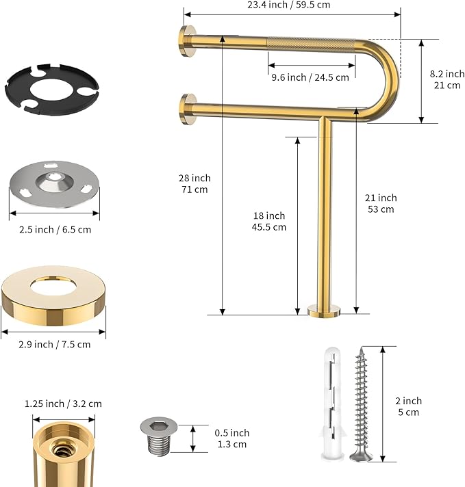 Toilet Grab Bar 23.4 Inch with Leg, YuanDe Wall Mounted Safety Bar, Stainless Steel Anti-Slip Bathroom Support Rail for Elderly, Disabled, Handicap, Seniors, Injury Recovery，Brushed Gold