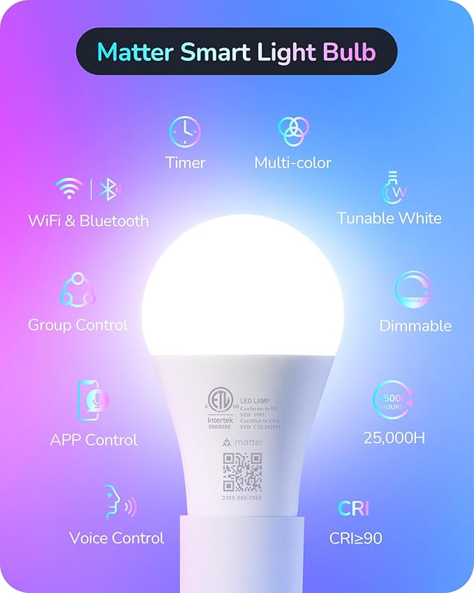 EDISHINE Matter Smart Light Bulbs, Smart Bulbs Work with Apple Home/Alexa/Google Home/SmartThings, RGBTW Color Changing Light Bulb Music Sync, 2.4GHz WiFi Bulb, 800LM Equivalent 60W, A19, E26, 4PCS