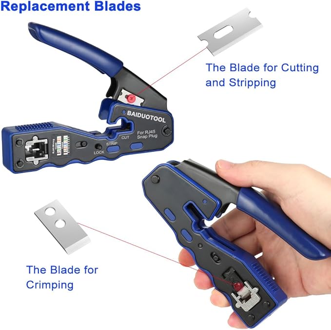 RJ45 Crimp Tool Pass Through Crimper Ethernet Crimping Tool Wire Crimper Stripper Cutter for Cat5e Cat6 Cat6a 8P8C Modular Connectors Ethernet Crimper Tool with mini yellow stripper