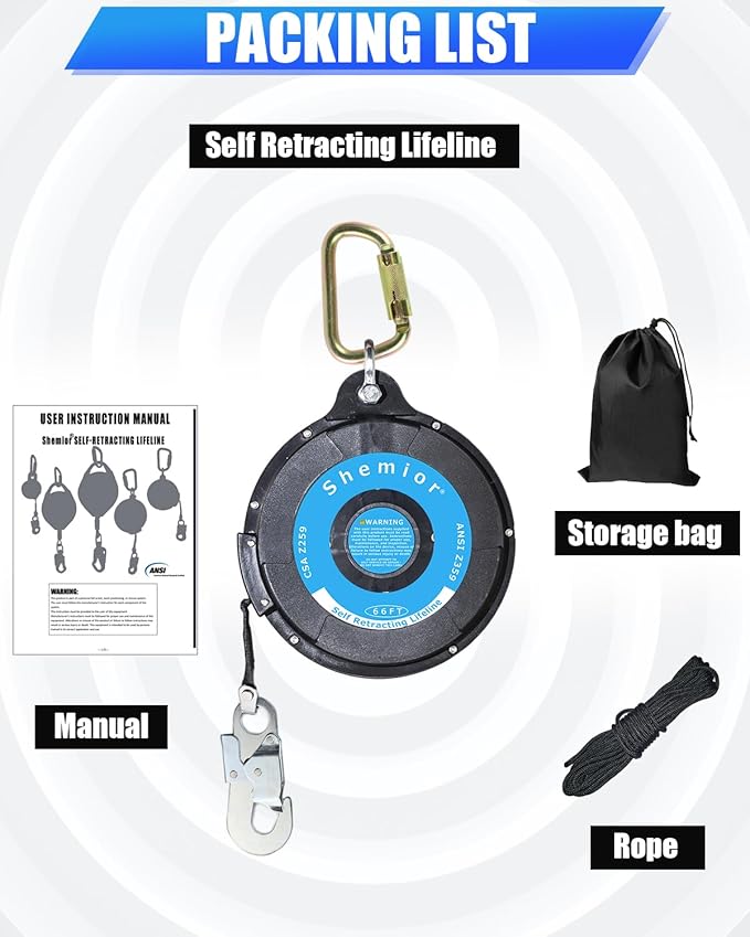 66FT Self Retracting Lifeline, No Tangle Lightweight Housing Web SRL, Self Retractable Safety Lanyard, Fall Arrest Protection PPE Gear for Roofing Construction, OSHA/ANSI Compliant