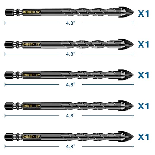 5 Pcs 1/2" Masonry Concrete Drill Bit Set for Tile Brick Glass Plastic Wood, Cross Tungsten Carbide Tip, Hex Shank, Work with Ceramic Porcelain Tile Wall Mirror Paver, 1/2 Inch Drill Bits, 12mm