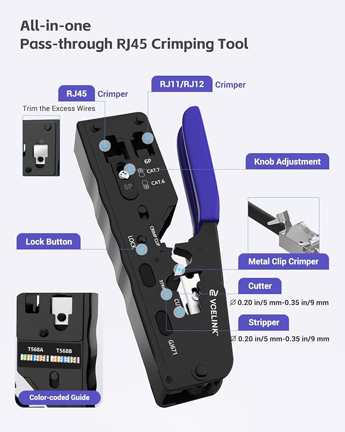 VCELINK RJ45 Crimp Tool, All-In-One Ethernet Pass Through Crimper for CAT7 CAT6A CAT6 CAT5e CAT5 Ethernet Connectors by Screw Adjustment, RJ45 and RJ11/RJ12 Crimping Tool with Mini Stripper