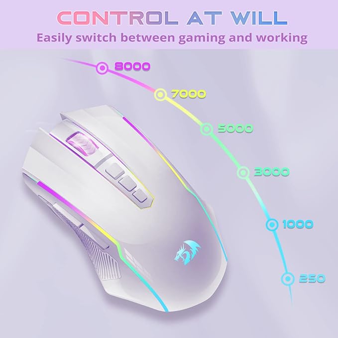 Redragon Wireless Gaming Mouse with RGB Backlit, 8000 DPI, with Fire Button, Macro Editing Programmable,70Hrs for Windows/Mac, Rechargeable, White, M910-WS