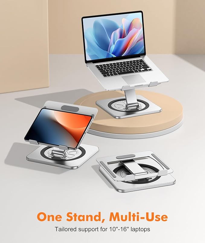 Adjustable Laptop Stand with 360° Swivel Base, Foldable Laptop Riser Holder for Desk, Ergonomic Computer Notebook Cooling Stand Mount, Compatible with MacBook Air Pro, Dell XPS, HP (10-16")