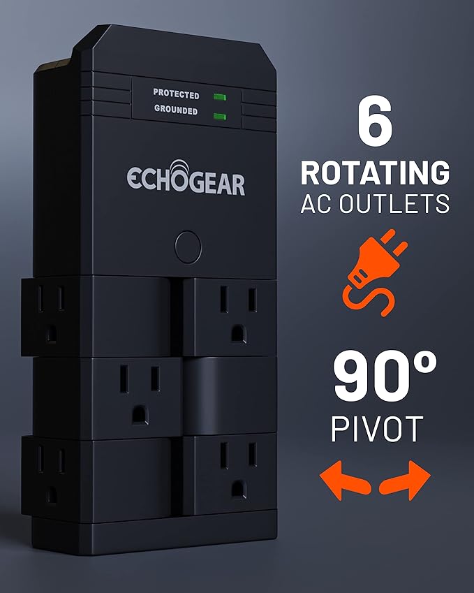 ECHOGEAR On-Wall Surge Protector with 6 Pivoting AC Outlets & 1080 Joules of Surge Protection - Low Profile Design Installs Over Existing Outlets to Protect Your Gear (Black)