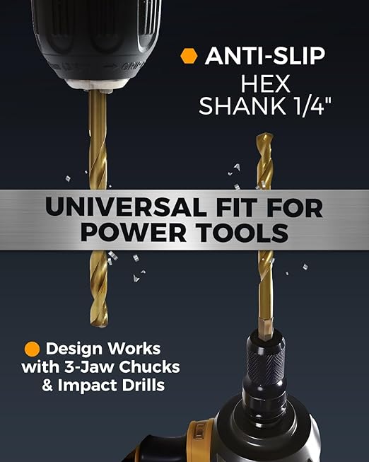 COMOWARE Titanium Twist Drill Bit Set - 16 Pcs Hex Shank High Speed Steel for Wood Plastic Aluminum Alloy, Quick Change, 1/16"-1/4"