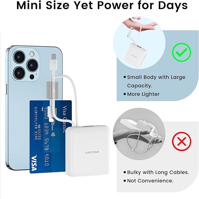 LUCKYDUO Small Portable Charger, Fast charging 22.5W Slim Power Bank 10000mAh with Built-in Cables, LED Display USB-C Mini Battery Pack Travel Essential, Compatible with iPhone, Samsung,Android, White