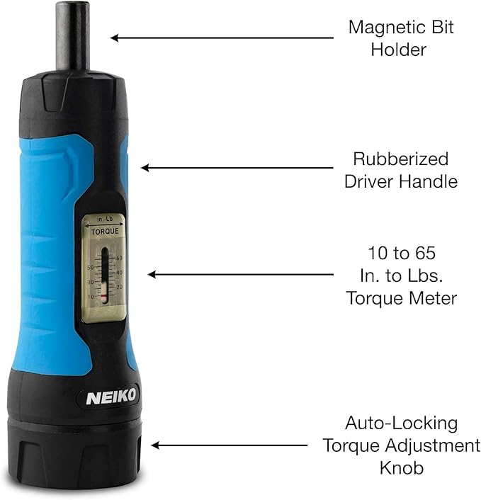 Neiko 10574A 1/4” Drive Torque Wrench Screwdriver Set | 30 Pieces of S2 Steel Philips, Hex, Slotted, and Torx Bits | 10 to 60 Inch-Pounds Torque Adjustment Range | Firearms Accurizing and Gunsmithing