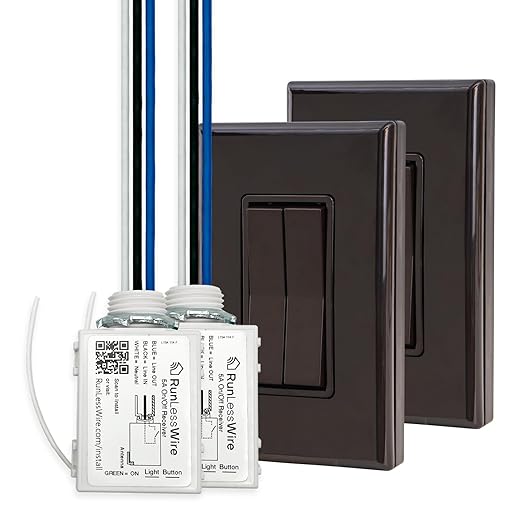 RunLessWire 3-Way Fan & Light Battery-Free DIY Kinetic Wireless Light Switch Kit for Bathrooms & Ceiling Fans: 2 Dual Remote Switches, Both Control 2 5A On/Off Receivers Separately – Brown