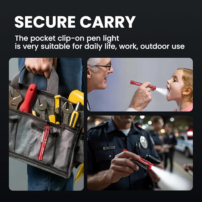 Magnetic Rechargeable Pen Light - 600 Lumen Dimmable EDC Flashlight, IPX4 Waterproof Work Light with Clip & COB LED for Mechanics, Nurses, Emergency (Red)