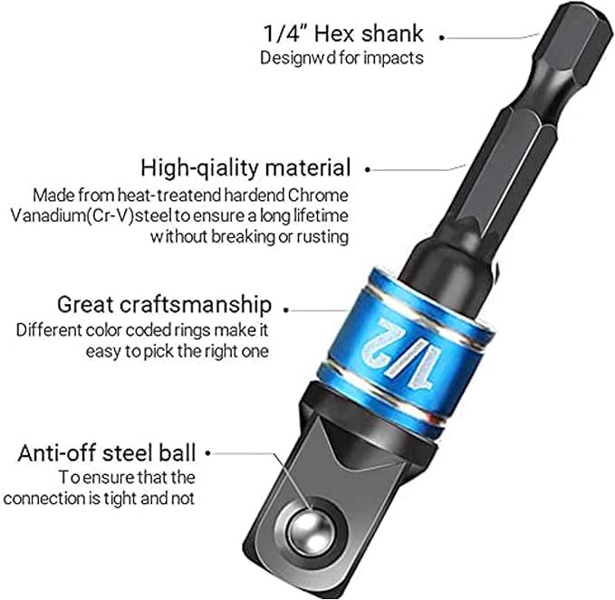 Impact Grade Socket Adapter Set - 3 Pcs Extension Drill Bit Socket Wrench Adapter for Impact Driver 1/4 3/8 1/2" Drive, 105 Degree Right Angle Drill Attachment for Household Workplace Industry