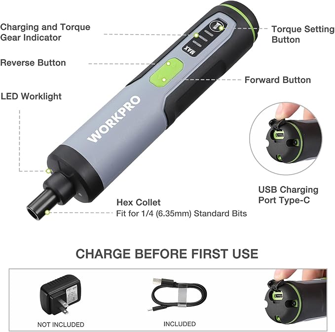 WORKPRO 4V Electric Screwdriver, Rechargeable Cordless Screwdriver Set with 35 Bits, Extension Rod, USB Charging Cable in Carrying Case, LED Light, Black Gray