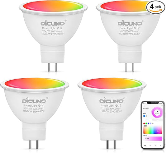 DiCUNO MR16 Smart Bulb Alexa, RGBCW Color Changing GU5.3 Light Bulb Compatible with Google Home, Dimmable with App, AC/DC 12V, 110° Beam Angle 40W 400LM, 2.4GHz WiFi, Landscape Light, 4-Pack