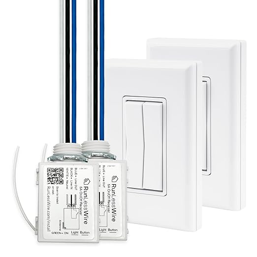 RunLessWire 3-Way Fan & Light Battery-Free DIY Kinetic Wireless Light Switch Kit for Bathrooms & Ceiling Fans: 2 Dual Remote Switches, Both Control 2 5A On/Off Receivers Separately – White