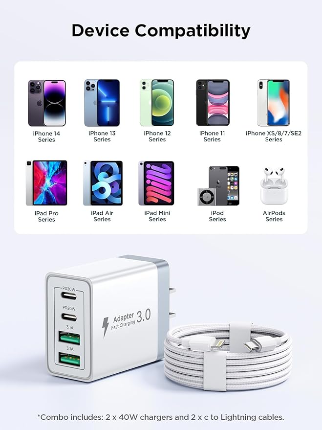 2 Pack USB C Wall Charger, 40W 4-Port USB C Fast Charger Block Dual Port QC+PD 3.0 Power Adapter, Multiport Type C Brick Charger with Lightning Cable for iPhone 14 13 12 11 Pro Max XS XR X 8 7 6 Plus