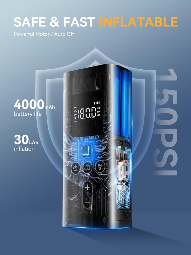 AIRSURE Tire Inflator Portable Air Compressor, 150 PSI Fast Inflation Cordless Air Pump with LED Light, Auto Shut-Off, Rechargeable Battery for Car, Motorcycle, Bike, and Sports Balls