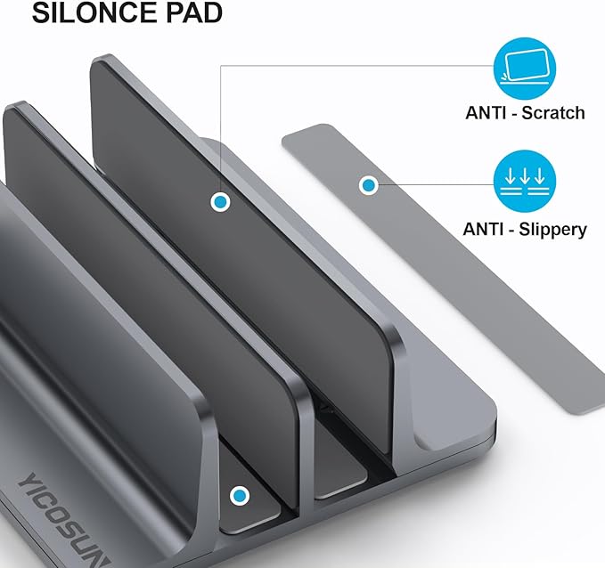 Dual-Slot Aluminum Vertical Laptop Stand for Desk - Adjustable Width Dock for MacBook, Surface, Samsung, HP, Dell up to 17.3 inches - Space-Saving & Protective Design - Gray